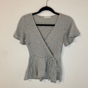 Caution to the Wind Mock Wrap Blouse - Grey and White Stripe